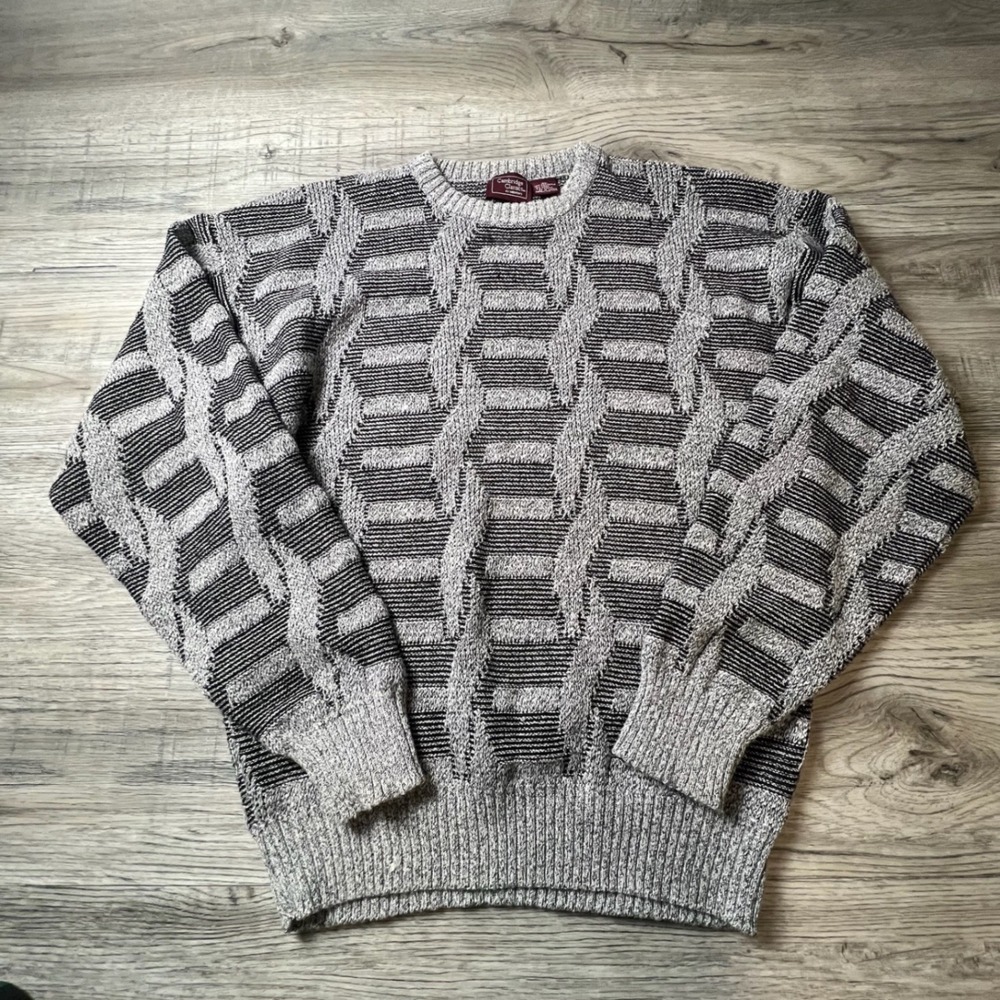 Cambridge Classics Sweater Mens L Grey Black Geometric 3D Knit Vintage Crewneck